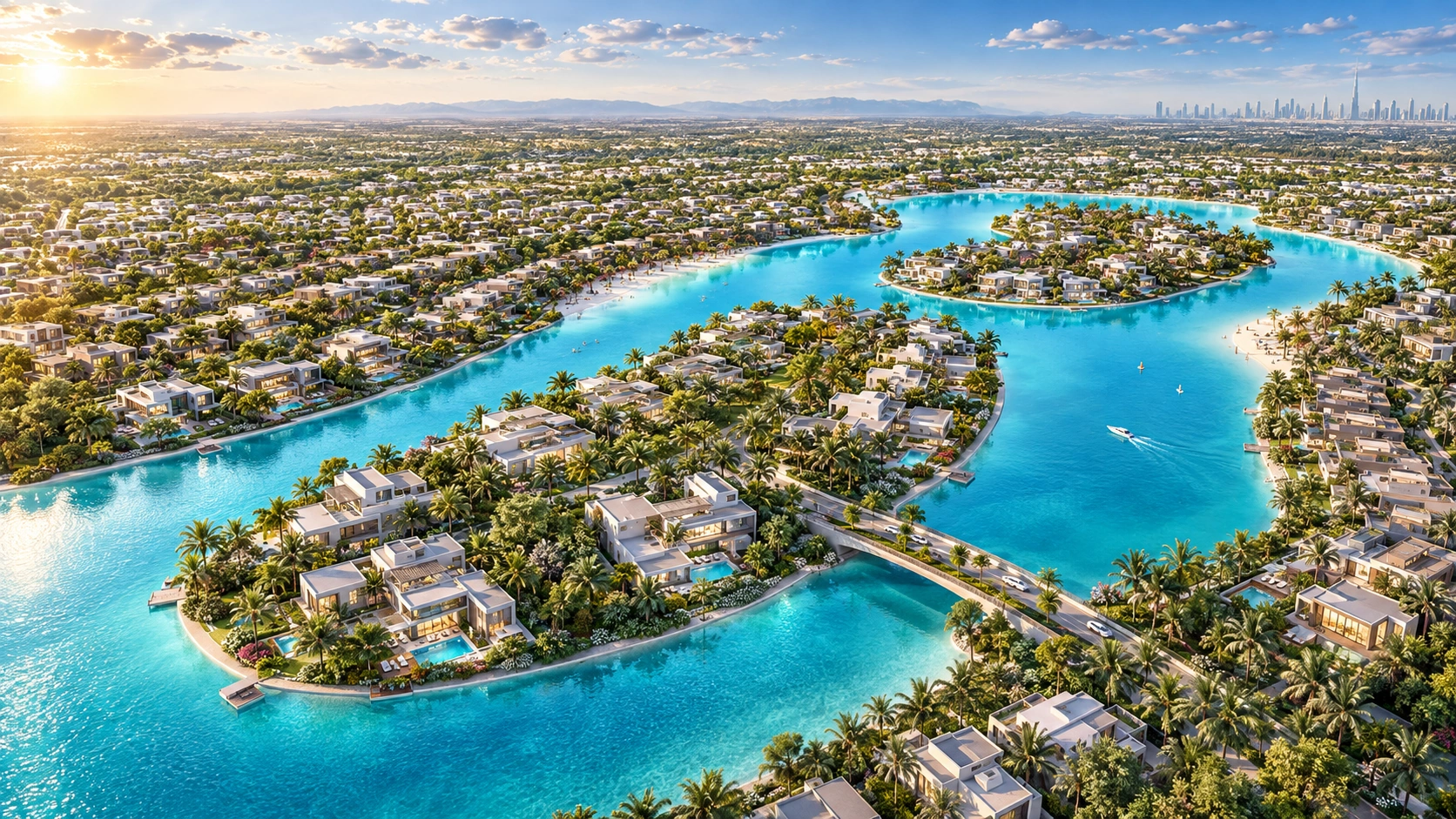 Aerial view of the Tilal Al Ghaf community around its turquoise lagoon.