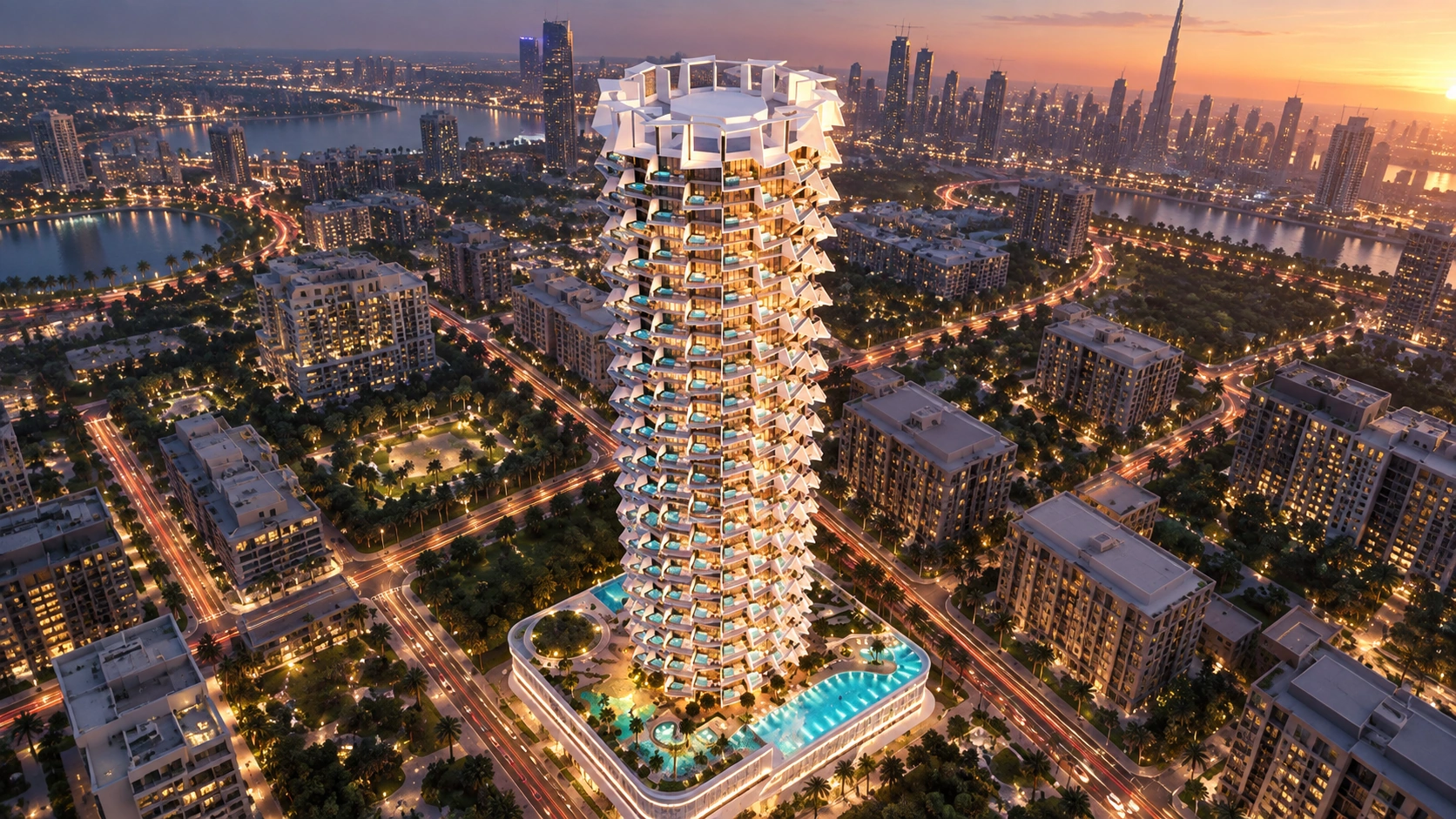 Dusk aerial view of the Binghatti Phantom tower rising above the surrounding district.