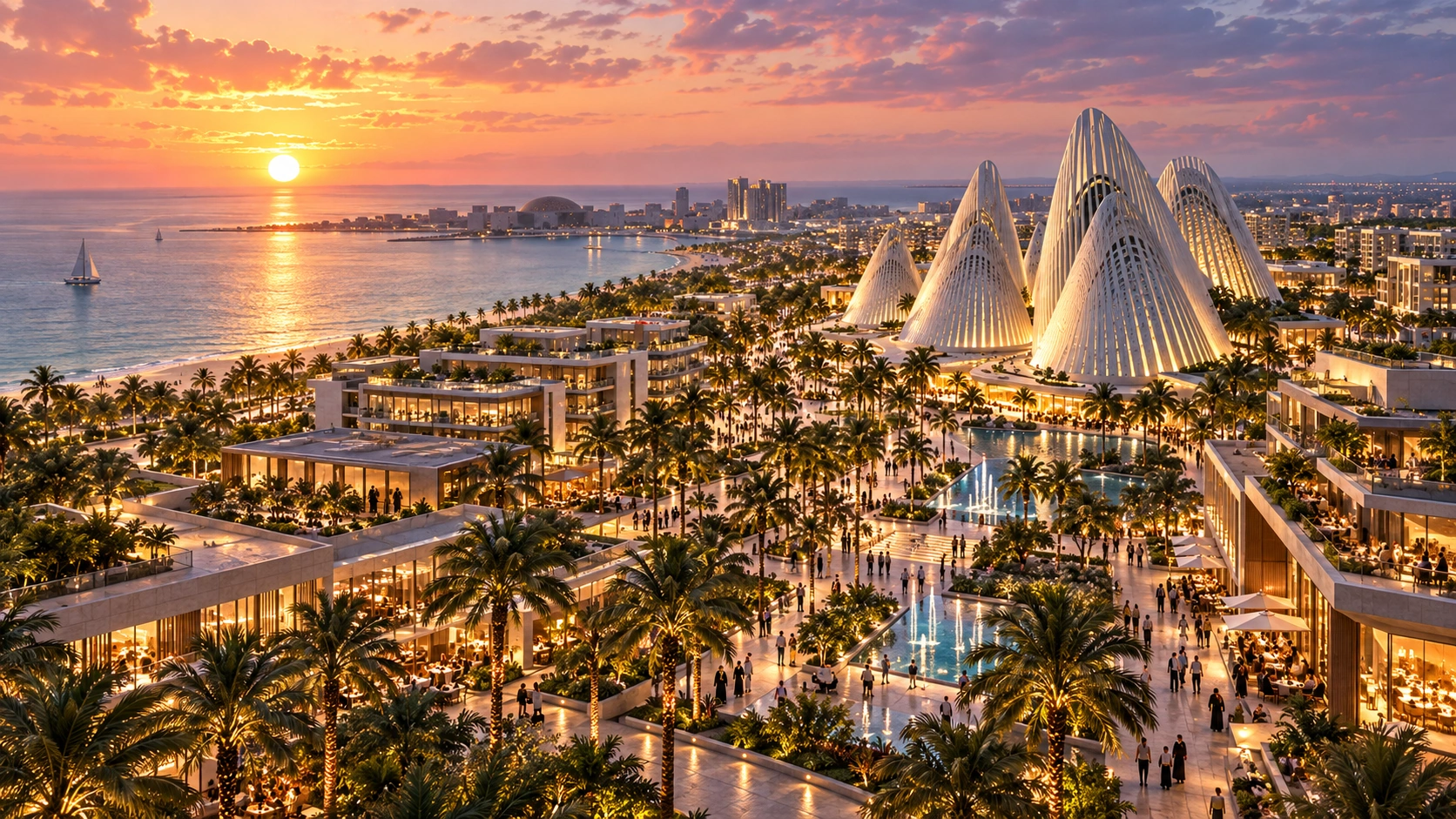 Sunset aerial view of the Saadiyat Grove district, its sculptural pavilions and plaza beside the sea.