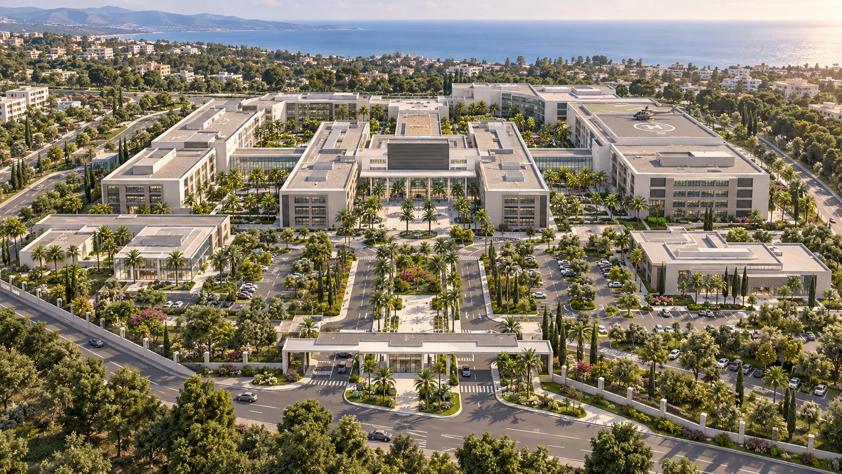 Aerial view of the Staoueli University Military Hospital campus and its pavilions.