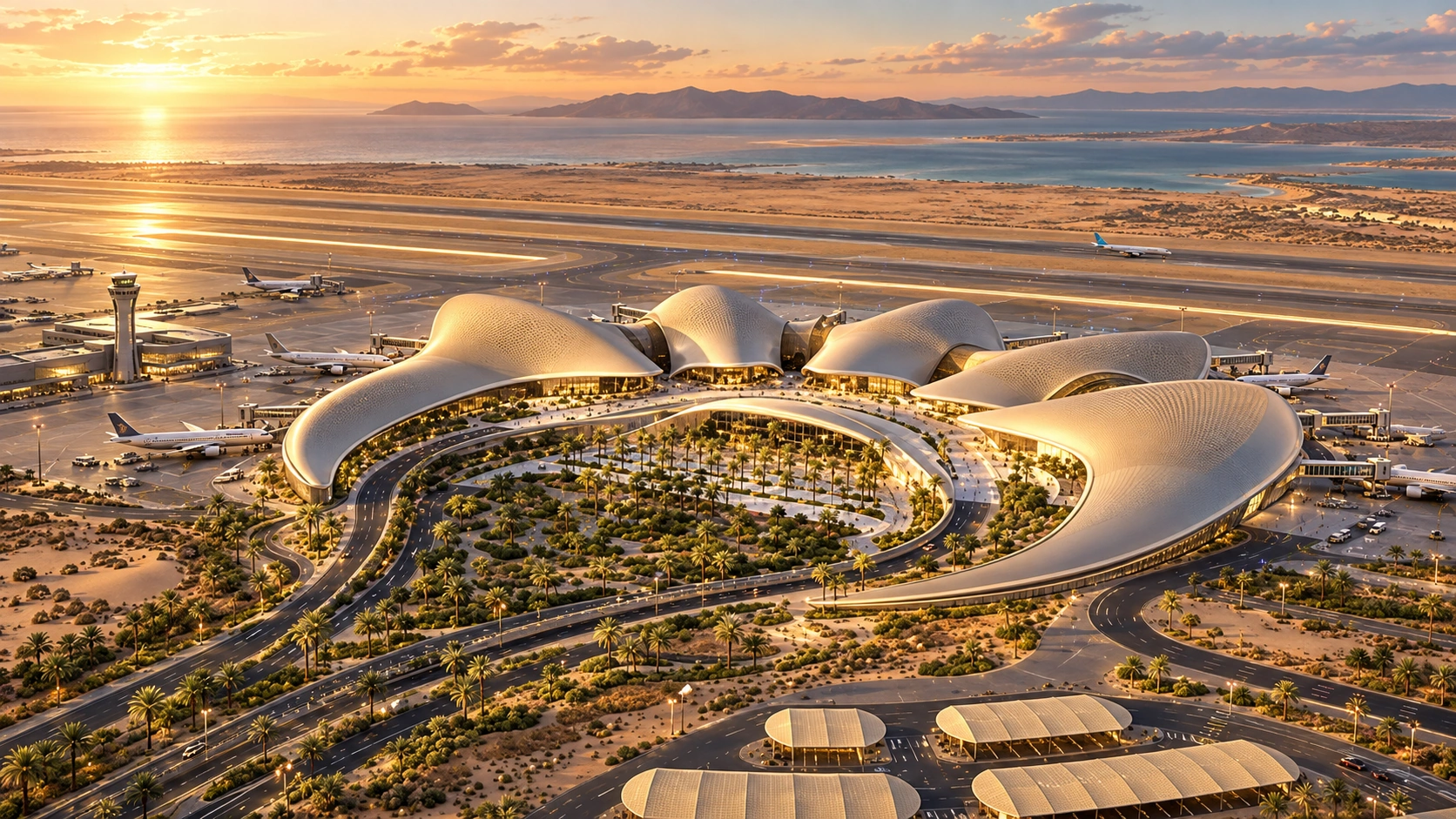Sunset aerial view of the Red Sea Airport terminal, its dune-shaped roof and apron.
