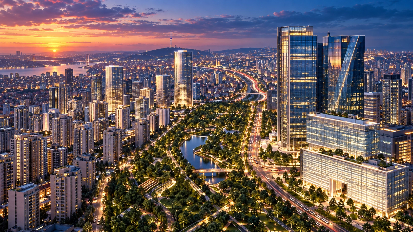 Dusk aerial view of the Istanbul Financial Center towers above the surrounding city.